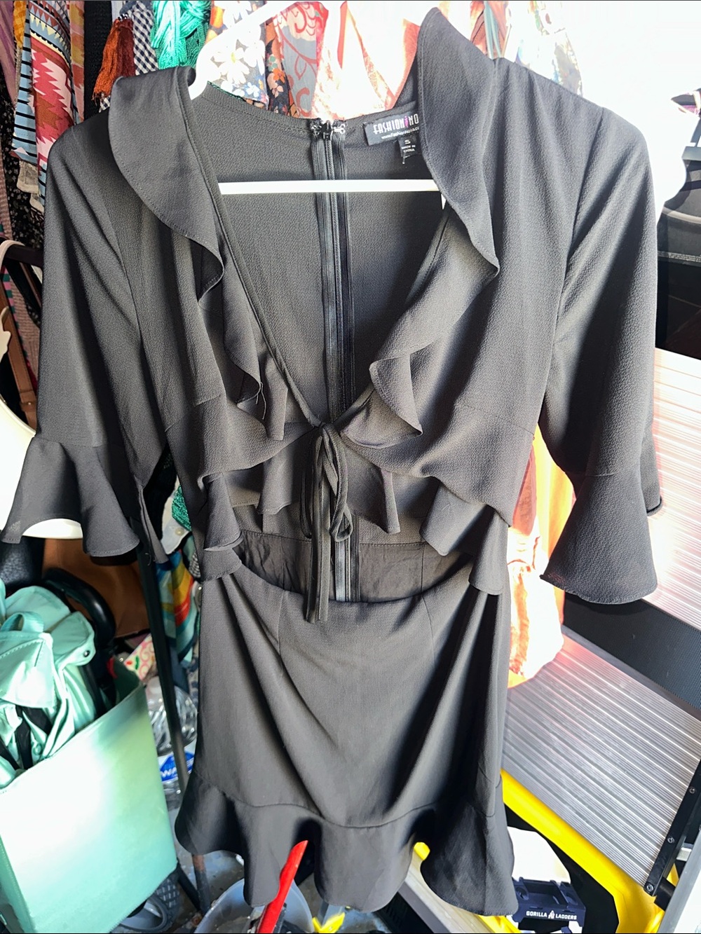 Fashion Nova Black Ruffle Tie-Front Dress